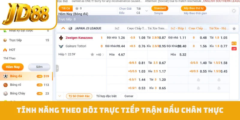 Tính năng theo dõi trực tiếp trận đấu chân thực